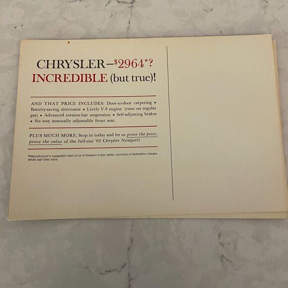 1963 Chrysler Newport 4 Door Sedan Automobile Sales Brochure Post Card - Picture 2 of 3